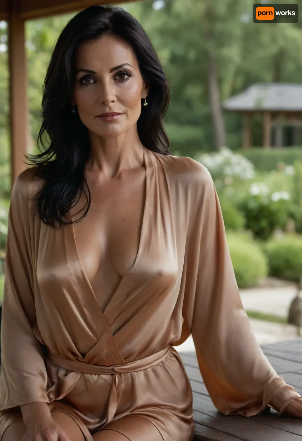 55 year old milf sitting in a large garden pavilion, sitting at a table, eye contact, (slightly open silk robe, sideboob, downblouse, tanned skin, black hair)
