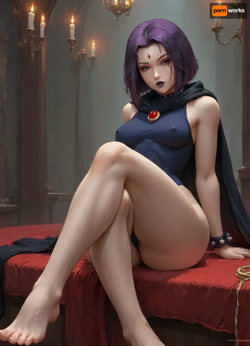 (masterpiece, best quality, ultra-detailed), RavenTT, red forehead jewel, (cutesexyrobutts art style:1.21), (rieq art style:1.3), (sleeveless:1.2), grey skin, laying proneonn her stomach, seductive look, partially closed eyes, arms crossed, (legs spread:1.3), (dynamic pose:1.2), tight navy blue leotard, spiked choker, high waist, photo of raven from titans, (ambient light), warm light, warm color scheme, dynamic lighting, gothic aesthetic, dark room, candlelight, purple hair, purple irises, big lips, black lipstick, (big lips:1.1), (covered nipples:1.2), erect nipples, (flat woman chest:.65), (slanted eyes), (wide hips:1.4), (thick thighs:1.35), (huge ass:1.3), (arched back:1.2), (visible labia majora), erect cameltoe, style, wears a thin bodysuit, black eye shadow, black eye liner, (thin waist:1.3), big eyes, cloak, soles of feet visible, spiked wrist cuffs ----

photo of raven from titans, sucking a cock, cold light, (big penis:1.2), detailed penis, penis tip, <lora:WTS - WhatTheSuck - v1:.5>, raven, <lora:Raven_XL:.5>