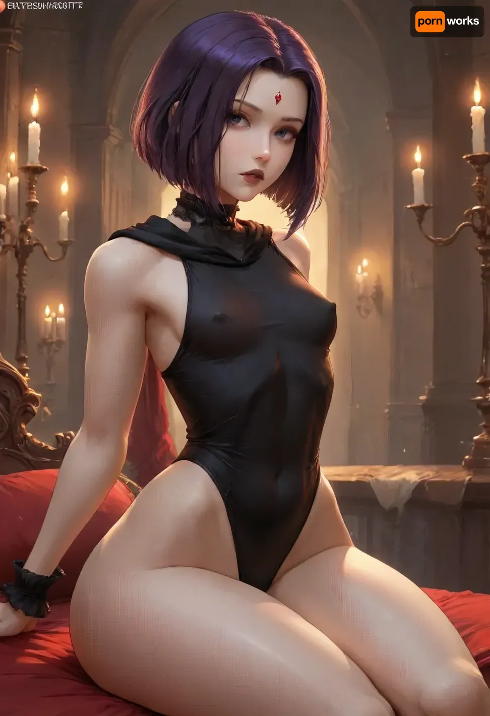 (masterpiece, best quality, ultra-detailed), RavenTT, red forehead jewel, (cutesexyrobutts art style:1.1), (rieq art style:1.3), (sleeveless:1.2), grey skin, sitting, (dynamic pose:1.2), tight leotard, lace choker, high waist, photo of raven from titans, (ambient light), warm light, warm color scheme, dynamic lighting, gothic aesthetic, dark room, candlelight, purple hair, purple irises, big lips, black lipstick, (swollen nipples), (huge nipples:1.4), (big lips:1.1), (covered nipples:1.2), raised nipples, (flat woman chest:1.2), (wide hips:1.4), (thick thighs:1.35), (soft nipples:1.1), (leaning back:1.3), (arched back:1.2), cutesexyrobbuts, partially visible labia majora, (visible labia majora), raised cameltoe, style, wears, a, hooded, bodysuit, <lora:315758_training_data:.6>, <lora:JustCum:.5>, <lora:Raven_XL:.7>, <lora:cutesexyrobutts style:.5>