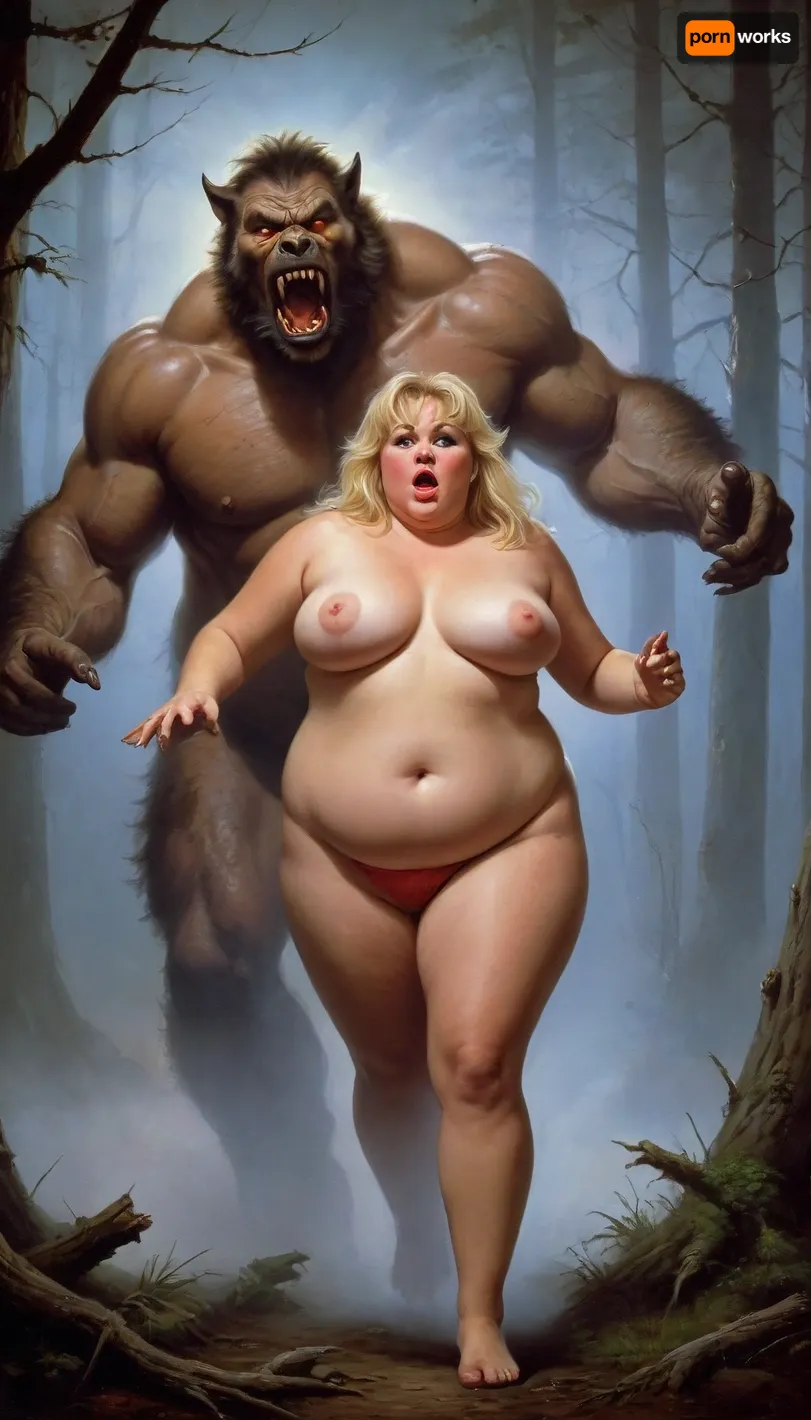 (Boris Vallejo style), Fantasy painting, oil painting, The Other World. plump woman.a beautiful fat blonde, middle-aged, (hairy, obese overweight:1.4), attacked by werewolves monsters in a dense forest, (in the fog:1.5), at night, under a full moon, close up, full body photoshoot, Creepy humanoid creatures all around her, Fangs, hairy muzzles, The wolf's face, red eyes, Art, by, Boris, Vallejo, Style, (pleasure, happy, love), <lora:Fantasy_art_XL_V1:.5>