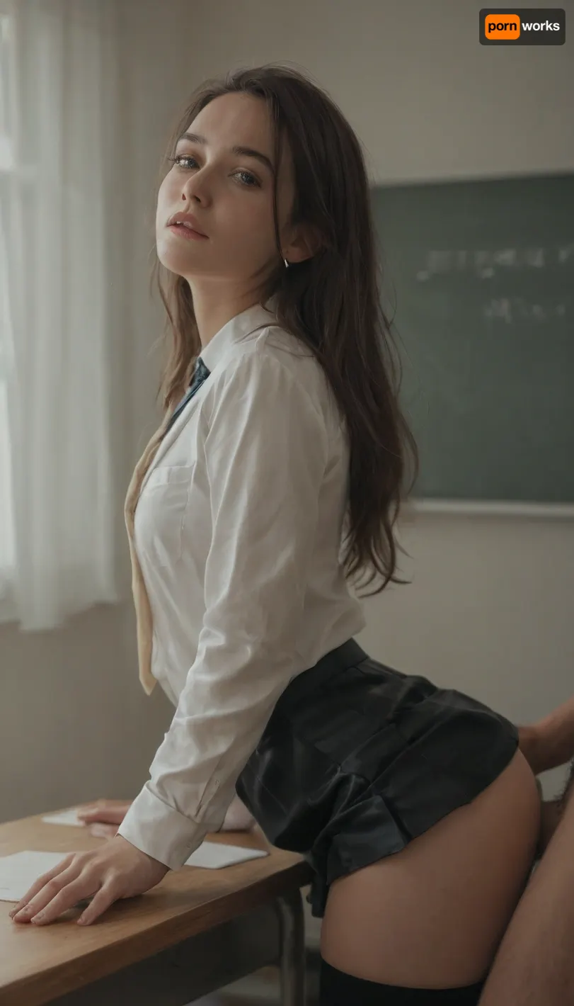 ((schoolroom:1.5)), sex ma, doggystail, doggy style long hair brunette, girl wearing latex mini skirt, latex blazer and white shirt and tie