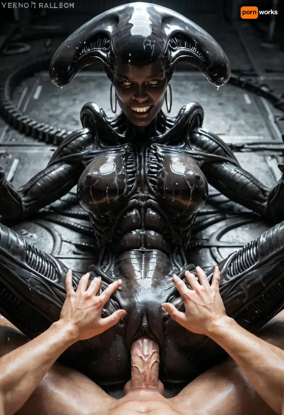 Super realism, ((black skin)), ((xenomorph queen with human face)), ((spread hands)), chained to the walls, cell, black-skinned female, no tail, no hair, ((perfect beautiful woman face)), (((human face))), ((perfect human pussy)), pussy fucking, big dick, monster cock, POV, human massive dick, fuck with man, high detail pussy, high realistic, beautiful 20yo woman face, ((front of head human from forehead transitioning to elongated back part xeno)), ((human face of beautiful woman with normal teeth and eyes)), oiled body, wet body