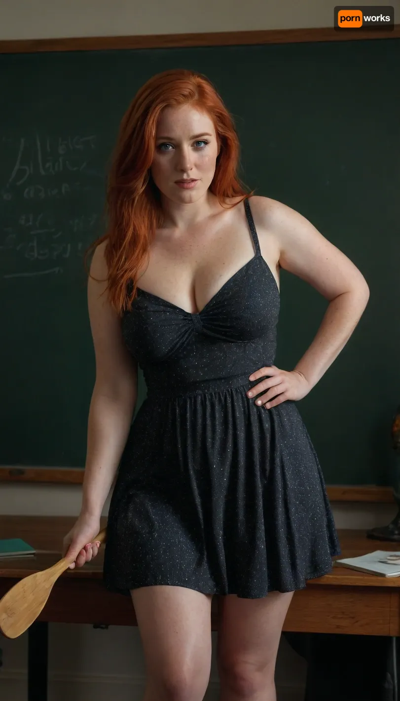 Holding a paddle, 30 year old bright red hair, (very busty), freckle faced Irish lass in a scandalous loose and flowy short sundress, leaned over a desk, chalkboard. Ultra high definition, ultra high resolution, photorealistic, 8k resolution, full body photograph