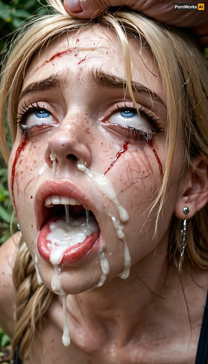 A full bodied cute girl, face down, looking at the camera, fucked deep in her mouth, (throatfucked:1.2), facialized, (cum on her face:1.2), running Mascara, freckles, (passed out:1.4), (fear-filled face:.8), (rolling eyes:1.5), (hair pulling:1.2), (her tits visible:1.3), (big tits:1.1), crying, blonde Hair, pale skin, big fearful eyes, fear in her face, mouth open, (mouth full of cum:1.3), (blood on her Hair:1.2), bloody face, blue eyes, blood on her face, dirty skin, (broken nose:1.3), cracked lips, Bruises on the face