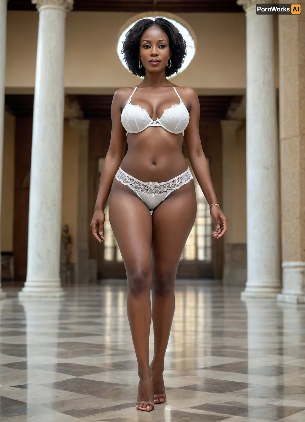 very tall african slim woman, ((50 years old)), with enormous big breasts, dressed only with transparent white lace bra and slip, standing in the temple, very long beautiful legs, full view, posing