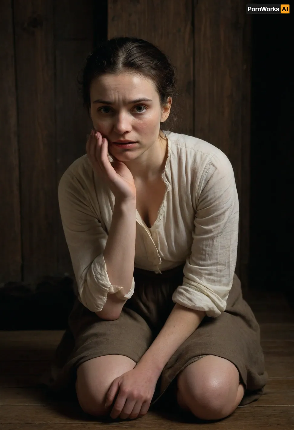 Rembrandt-style image, depicting a moment of intense power. A young woman 25 years old, kneels gracefully on a worn wooden floor, her body angled slightly to the left, head bowed in quiet contemplation. Her posture is one of serene humility, hands clasped gently in her lap. She wears a simple, long linen shirt, coarse-spun and white-colored, the fabric slightly rumpled and showing signs of wear Her dark hair cascades down her back, framing a delicate face with high cheekbones and expressive, downcast eyes. Has her cheeks roughly grasped by a strong hand fat old man's — the fingers digging into her flesh, forcing her mouth open. Her expression is one of terrified resignation, her eyes wide with fear, tears welling. The skin on her cheeks is stretched taut, pale against the stark contrast of the dark hand. The hand belongs to an unseen figure, suggesting dominance and aggression. The woman's dark brown hair is disheveled, framing her face. She wears a simple, worn cotton blouse, the fabric clinging to her slightly. The background is deeply shadowed, only a hint of a dimly lit, rough-hewn wooden wall visible. The lighting is chiaroscuro, dramatic and intense, highlighting the contrast between the pale skin and the darkness. The overall mood is one of oppressive tension and vulnerability. The texture of the skin is lifelike, almost tactile, the wood grain of the wall is roughly hewn, suggesting a rustic and possibly dangerous setting. The composition is tightly framed, focusing solely on the faces and hands, emphasizing intimacy and power dynamics. The overall color palette is limited to deep shadows, pale skin tones, and the subtle hint of blue in the background, enhancing the sense of claustrophobia and impending violence. Wide-angle lens., style, of, Rembrandt, r3mbr4ndt, <lora:r3mbr4ndt_SDXL-step00020000:.5>