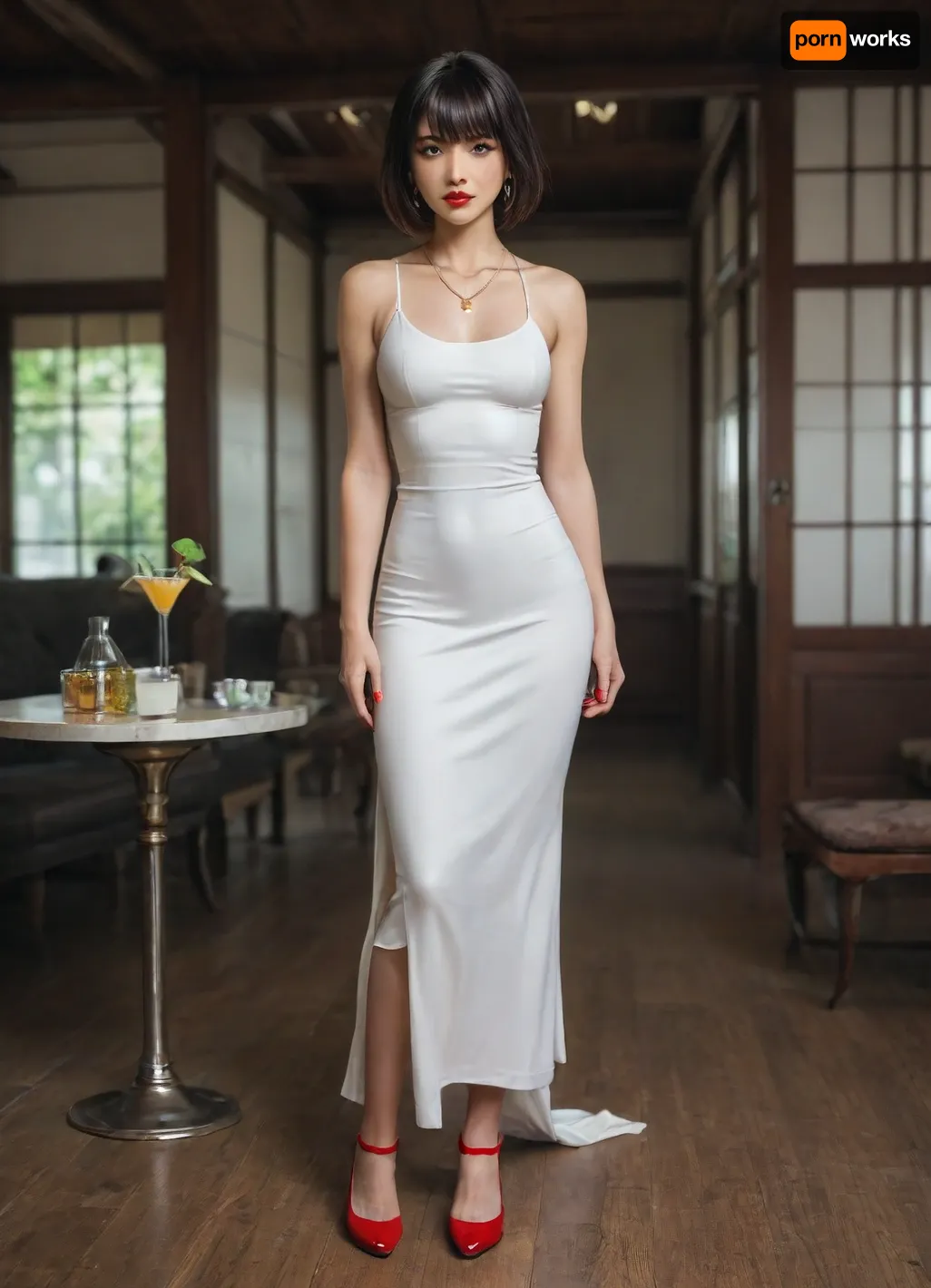 (UHD 8K, masterpiece, best quality, maximum details, extreme realism, cinematic still), (beautiful 35 years old Japanese girl), (((Japanese))), (lounge), black hair, front bangs, bob cut, (small perky breasts), (athletic), (tight white cocktail dress:1.5), (red high heels), (red nail polish), (red lipstick), (gold necklace), (standing)