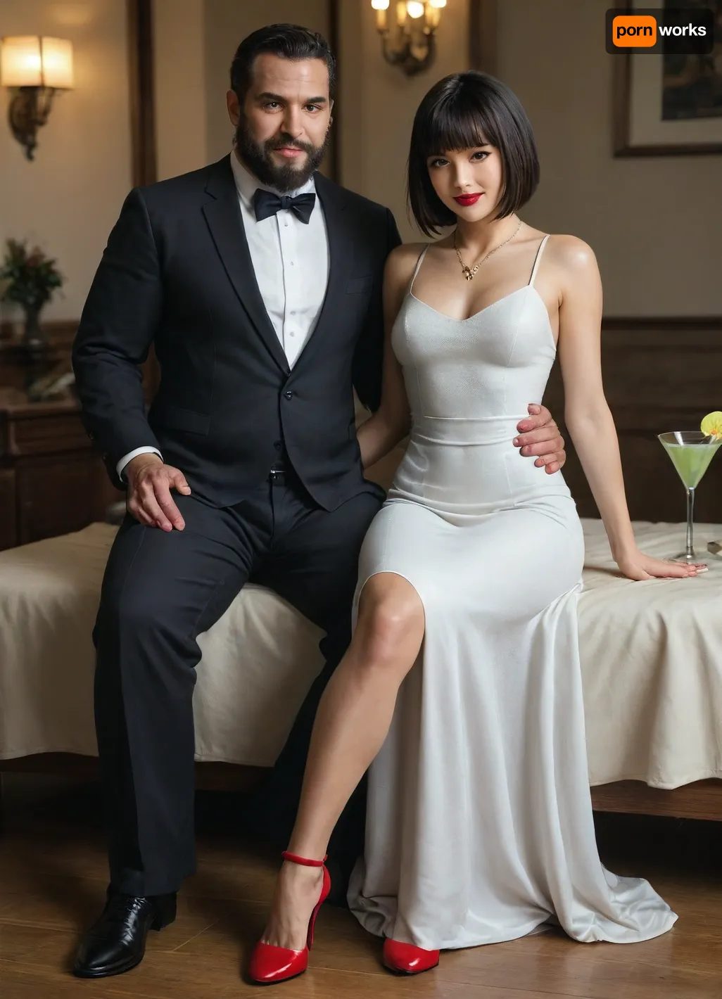 (UHD 8K, masterpiece, best quality, maximum details, extreme realism, cinematic still), (beautiful 35 years old Japanese girl), (((Japanese))), (fancy lounge), black hair, front bangs, bob cut, (small perky breasts), (athletic), (tight white cocktail dress:1.5), (red high heels), (red nail polish), (red lipstick), (gold necklace), (sitting), (seductive smile), (tall muscular bearded Arab man wearing suit:1.7), (hands on another's waist:1.5)