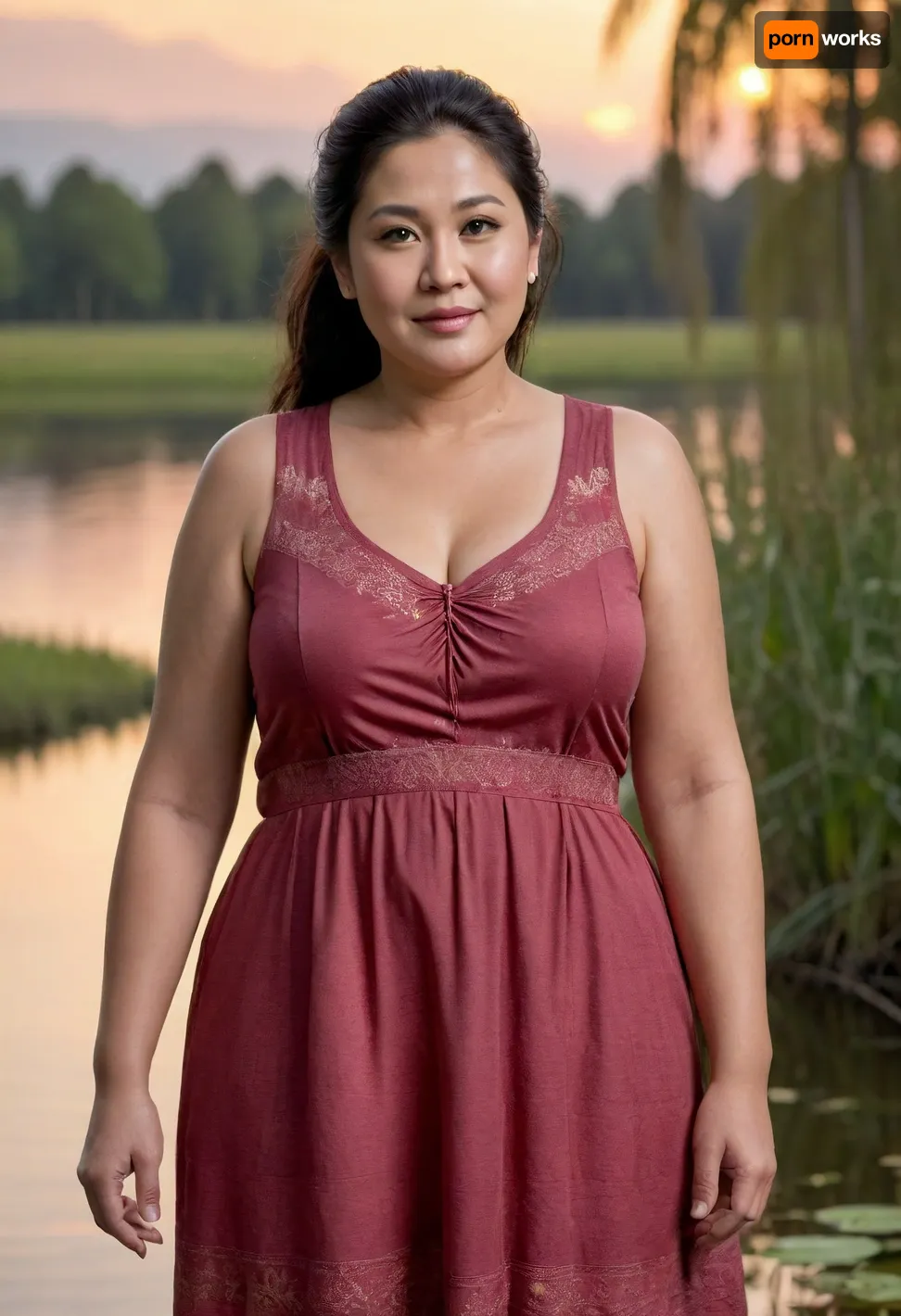 (Photorealistic), (half body photo), A chubby mature Indonesian woman, 58 years old, (fat woman:1.8), (facial wrinkles:1.5), long black hair bun with ponytail style and a serene expression, (natural sagging breasts:1.3), stands elegantly by a tranquil river at sunset. The scene is bathed in a soft, warm light of a peachy-orange and violet sunset, creating a dreamy, impressionistic, and hyperrealistic atmosphere., (wearing maroon color sleeveless house dress with low cleavage:1.5), . The lake reflects the warm hues of the sky, showing lily pads and the silhouettes of trees on the far shore. The background features tall, swaying reeds and the silhouette of trees, further adding to the peaceful, tranquil scene. A soft glow envelops the entire image, giving it a dreamlike quality. NEGATIVE_HANDS
plump, skindentation, chubby, venus, body, big, ass, <lora:Chubby BBW - XL:.5>