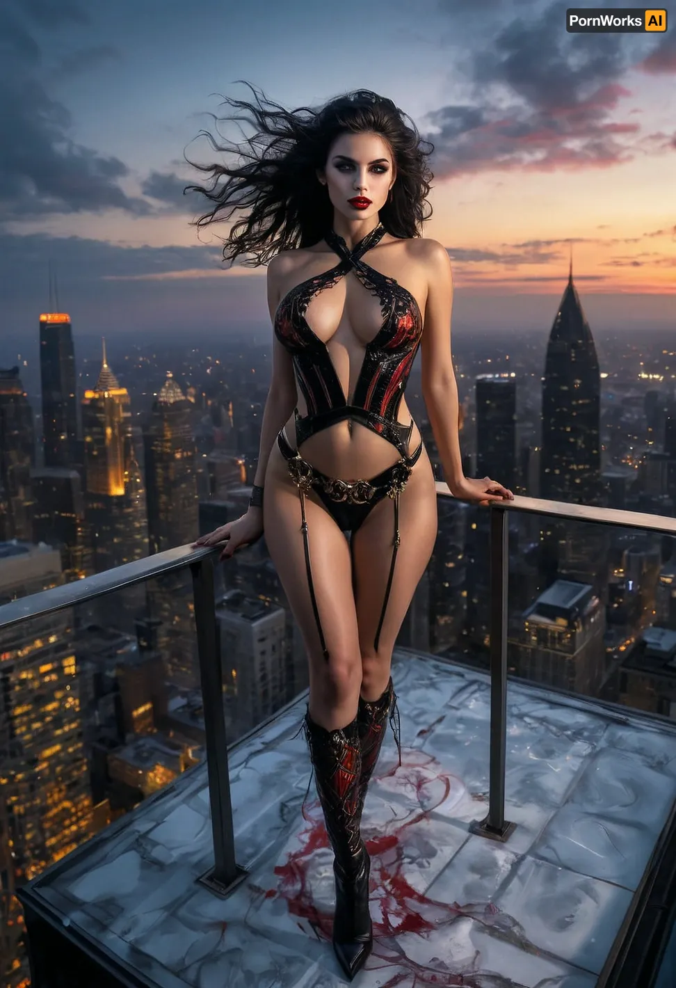 Tall, sexy busty, full body shot, black, black gothic makeup, a beautiful female harlequin, tall, beautiful perfect figure, perfect tall legs, charming eyes, sad yet gracious face, (midnight on the roof of a skyscraper background:1.3), fantasy art capturing the style of Aaron Horkey, Jeremy Mann and Luis Royo, body-focused composition from a low angle, alluring figure, dark fantasy, dynamic composition, white colors, red lipstick, warm hues, rendered in colorful ink flow, showcases acrylic calligraphy, watercolor techniques integrated seamlessly into a maximalist masterpiece, detailed with gouache fluidity, golden hour light