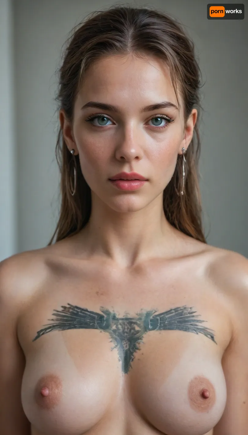 Neon-noir close-up of a rogue digital diva, her augmented-reality gaze piercing through the screen. She wears a liquid-metal bodysuit, peeled down just enough to reveal dusky rose-brown nipples—glossy with bioluminescent sweat from the underground club’s heat. Holographic tattoos pulse along her collarbones, synced to the bassline of unseen music. The scene is drenched in electric violet and toxic green LED streaks, reflections fracturing in her cybernetic iris implants. Behind her, a Tokyo megacity’s skyline flickers with corrupted ads featuring her own stolen likeness. Shot on a sabotaged DSLR for glitch-art distortion, hyper-realistic skin texture under synthetic light, but deliberately fractured at the edges like a broken simulation. Aesthetic, Blade Runner 2049 meets Euphoria’s chaos, with the raw sexuality of 90s Mugler runway shows