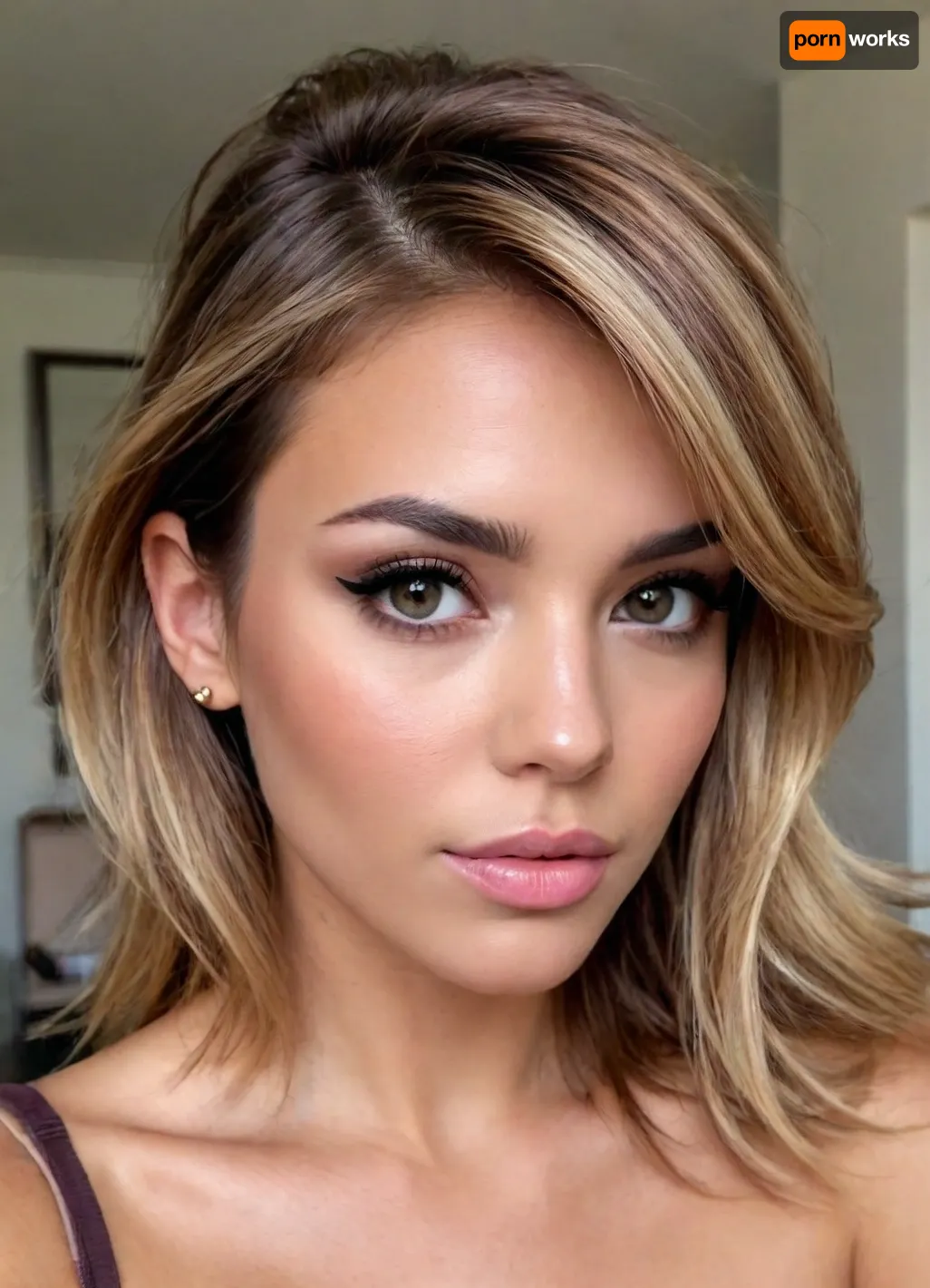 (Latina, makeup model, hair model, stunning actress:1.8), (intimate snapshot, snapshot aesthetic:1.5), (focus on eyes, flawless complexion, soft smoky eyes, full brows, mauve-pink lips, natural elegance, subtle sophistication:1.4), (sultry eyes, long eyelashes, adorable, bashful expression, shy pose, delicate features, pixie features:1.2), (tousled hair with honey-brown roots, wet-look styling, side-swept bangs, textured layers, slightly messy aesthetic, golden highlights, asymmetric hair, hair product, slicked hair:1.5), (seductive, sultry, sexual tension, sexual anticipation, sexual attraction:1.4), (natural lighting, naturally lit, ambient lighting:1), (soft shadows on her face:.9), taken with a smartphone camera, snapshot style, point-and-shoot, shallow depth of field, (natural phone bokeh, lens flare:1.1), slightly off-center composition, natural framing, soft focus on background, ziprealism, igbaddie, <lora:igbaddie-XL:.4>