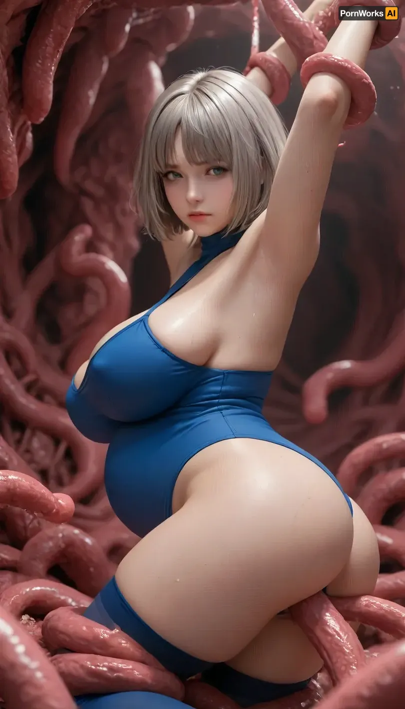 1girl, arm up, armpits, ass, big belly, blue leotard, blue thighhighs, breasts, closed mouth, covered navel, from side, green eyes, grey hair, huge breasts, inflation, leotard, restrained, short hair, solo, tentacle pit, tentacles, thighhighs, wet