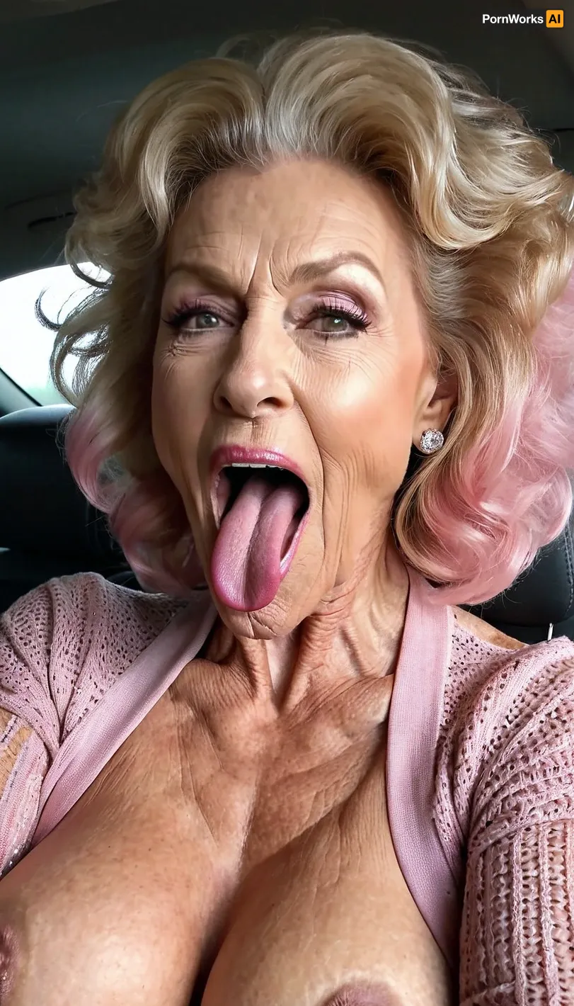smile skinny brigitte nilsen old granny, smile gilf streches out her extreme long tongue, usa pervert old bodybuilding muscle woman gilf with long tongue, massive boobs, open her mouth big, waiting for cumshot, in bed, smokey, lipstick, ginger kinky curly hair cut, with very massive tits hugh boobs, sticks her extreme long tongue out of her mouth, big open mouth, in a car, wearing a silver pink rose transparent diamant silver tight sweater with tits free hole, hairstyle after sex, make up running down, kinky crazy granny