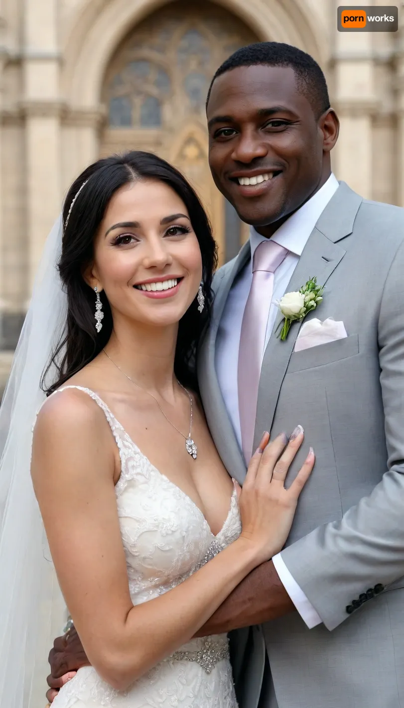 8K resolution, best quality, ultra-detailed, masterpiece, highly detailed, wedding photo, 1girl, sunny day, perfect body woman, skinny women, black hair, 60yo women, old milf, short sexy wedding dress, 18yo huge young black man, happy smile, interracial couple, outside, cathedral, girl looking at viewer, Necklace, Earrings, wedding ring