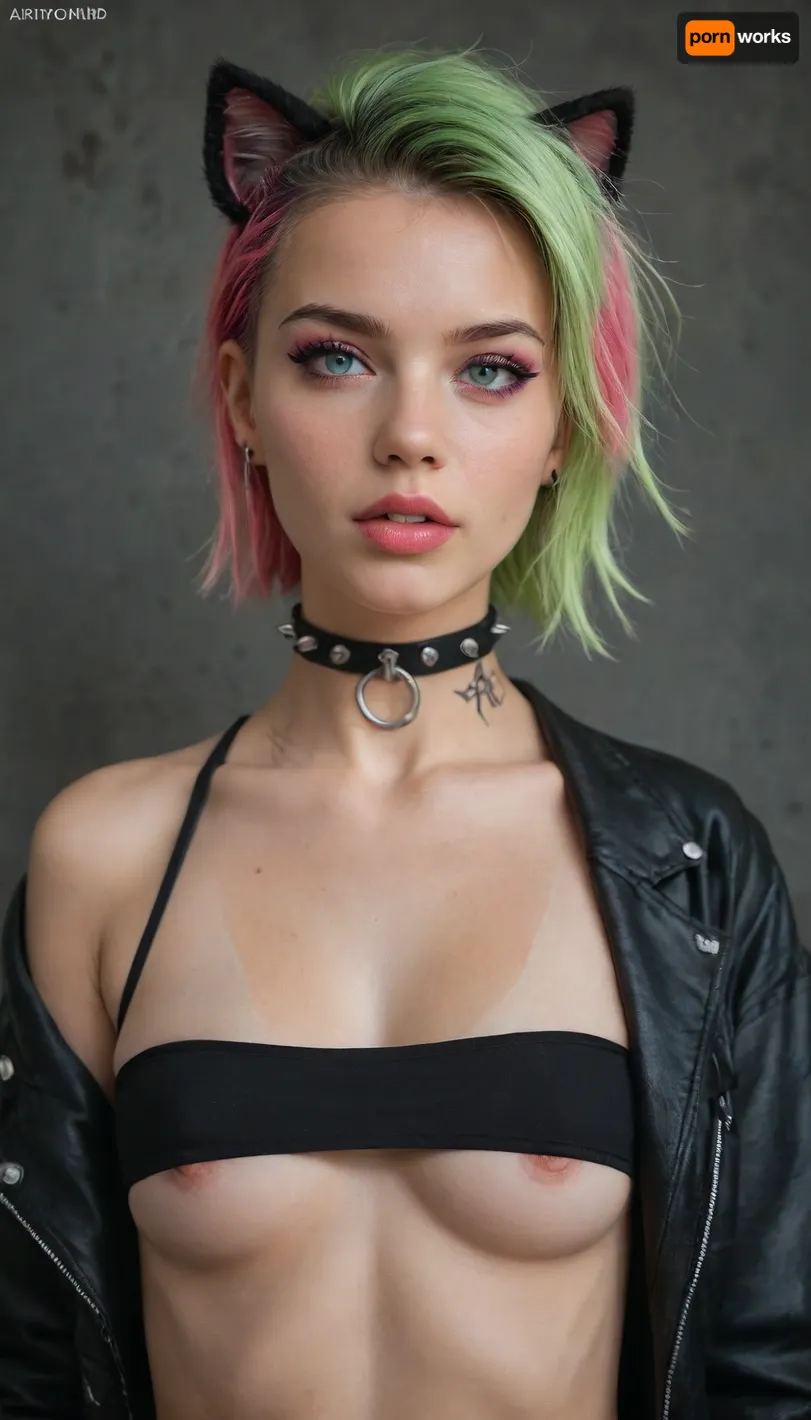 Middle age woman, long, narrow, Face, black cat ears, bright neon green hair, pink bangs hair, punk, punk style clothes, tongue, Piercing, noise Piercing, curvy body, small breasts, spiked color, black leather choker, black leather clothes, sp1k3, choker