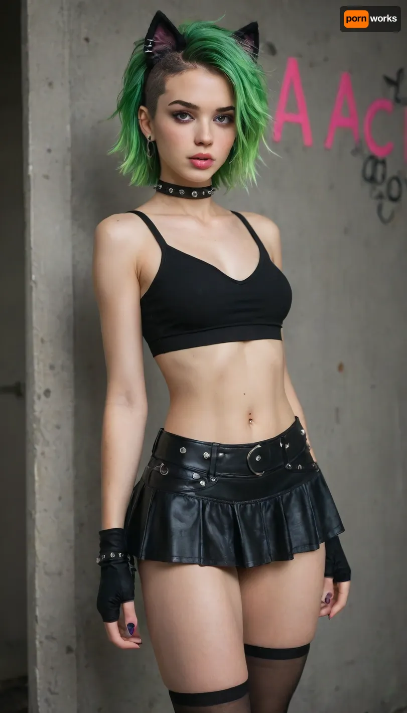 Middle age woman, long, narrow, Face, black cat ears, bright neon green hair, pink bangs hair, punk style clothes, tongue, Piercing, noise Piercing, curvy body, small breasts, spiked color, black leather choker, black leather top, punk skirt, sp1k3, choker, edgpskirt, wearing, punk, skirt, <lora:edgPunkSkirt:.8>