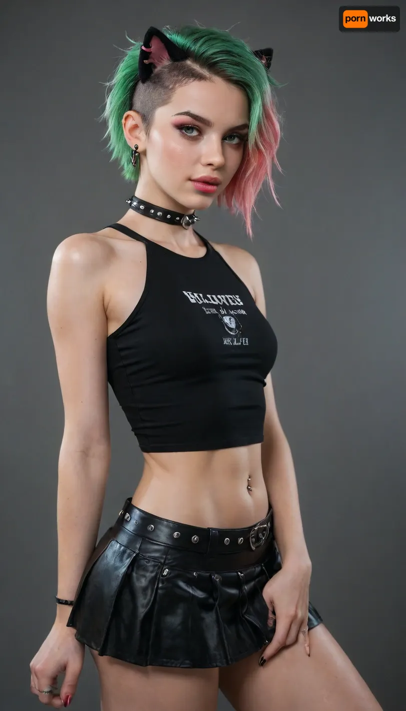 Middle age woman, long, narrow, Face, black cat ears, bright neon green hair, pink bangs hair, punk style clothes, tongue, Piercing, noise Piercing, curvy body, small breasts, spiked color, black leather choker, black leather top, punk skirt, sp1k3, choker, edgpskirt, wearing, punk, skirt, <lora:edgPunkSkirt:.8>