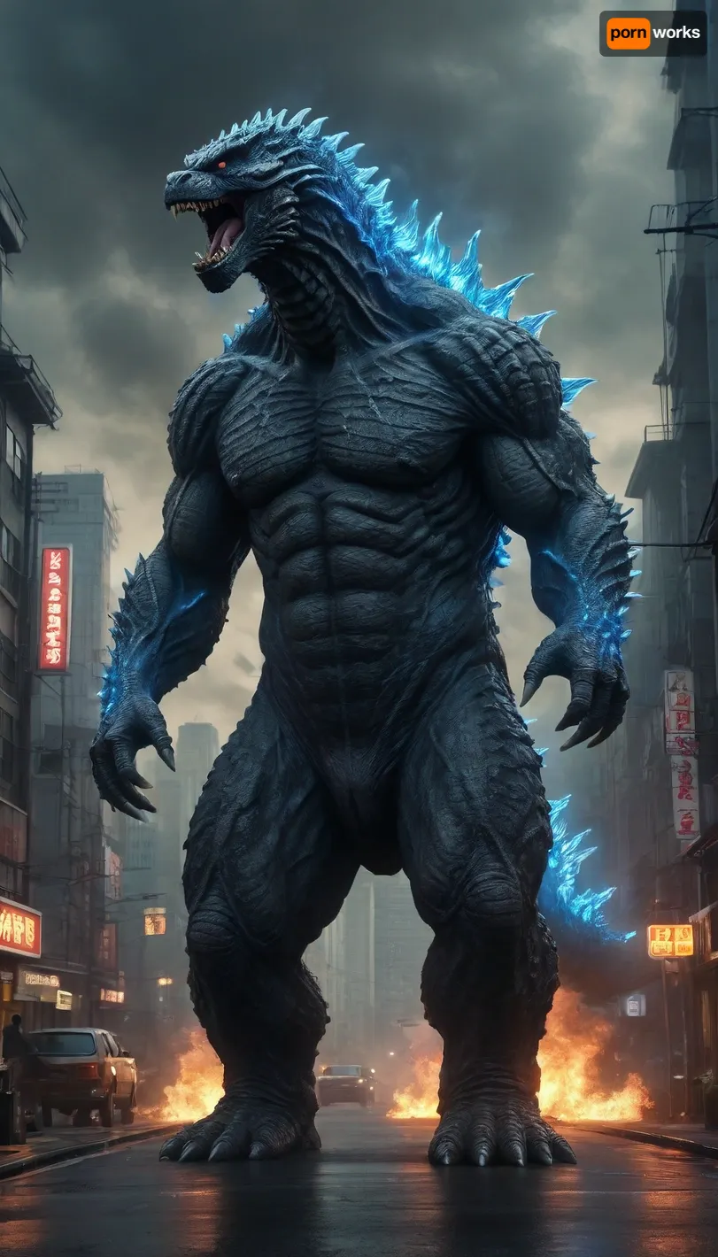 uber realistic image, fullcolor image, full body view, 8K quality, ultra detailed, masterpiece, dark fantasy, A giant monster, Godzilla, (70 meters tall), Godzilla's dorsal spines glow with a blue electrical discharge, ((emerges from the sea onto the streets of Tokyo)), destruction, destroyed houses, fires, houses and cars burn, many people run in panic from the monster, side view, whole body in frame, whole body visible