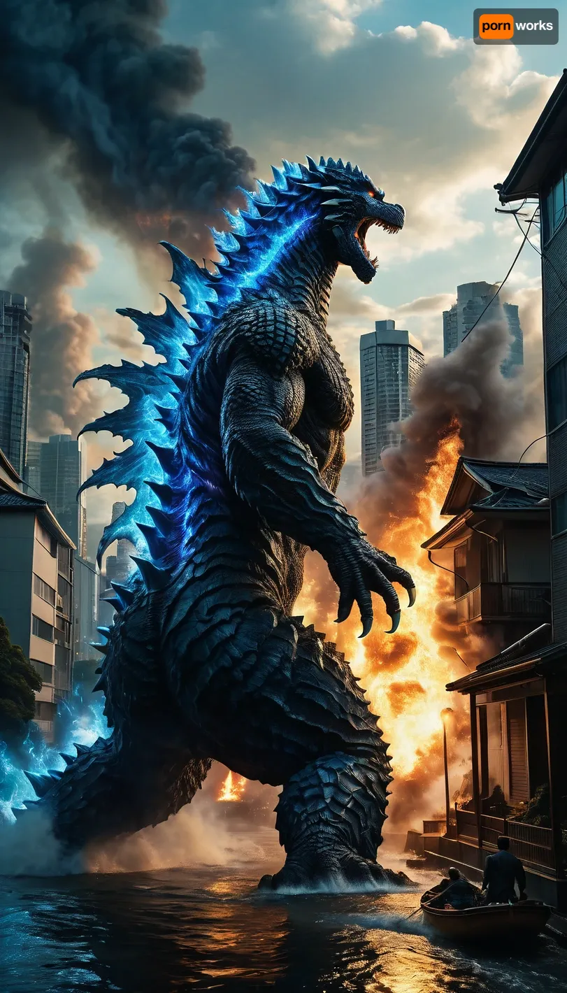 uber realistic image, fullcolor image, full body view, 8K quality, ultra detailed, masterpiece, dark fantasy, A giant monster, Godzilla, ((170 meters tall)), Godzilla's dorsal spines glow with a blue electrical discharge, emerges from the sea onto the streets of Tokyo, ((a stream of blue flame shoots from the monster's mouth into the nearest house)), destruction, crumbling skyscrapers, fires, houses and cars burn, many people run in panic from the monster, side view, whole body in frame, whole body visible