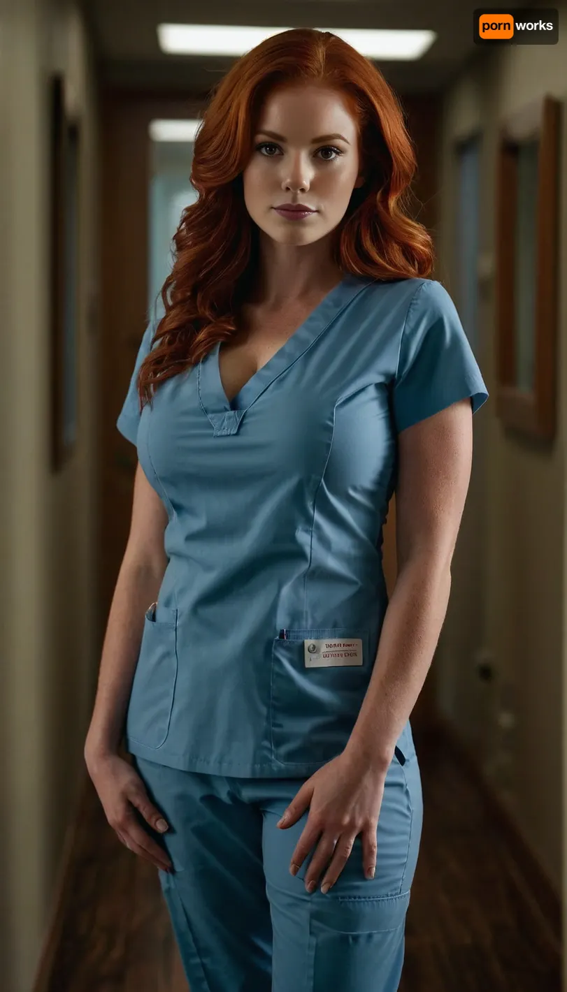 Ultra high definition, ultra high resolution, photorealistic, 8k resolution, full body photograph of very busty 30 year old redheaded nurse in low cut scrubs