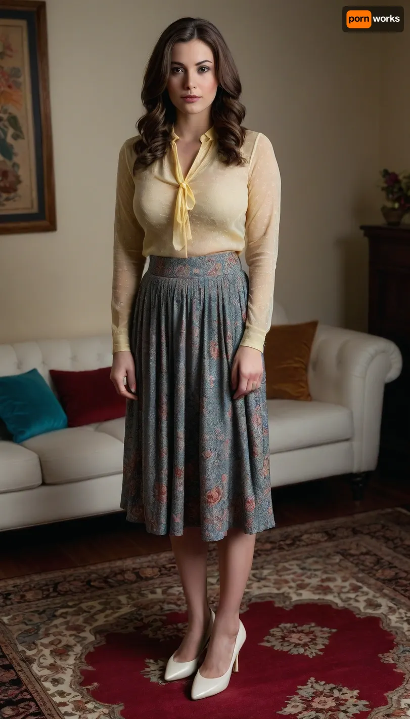 A busty young brunette woman, positioned in the center-left of the image, is standing on a patterned rug. She is wearing a light yellow sheer blouse with long sleeves, her perfect gigantic round natural breasts pressing against the blouse, and a light brown, textured midi skirt. She is wearing white shoes. A red flower-shaped hair clip is placed on her hair, adding a pop of color. Her expression is neutral, and her hair is long and dark brown. She has a medium build. The light is soft and diffused, casting no harsh shadows. The background shows a white couch with dark blue throw pillows. The overall style is fashionable and modern, with a touch of vintage flair. The carpet is cream-colored with teal and pink floral patterns, adding texture and color. The lighting is balanced, highlighting the woman's features and the clothing's texture without harsh contrasts. The perspective is slightly downward, viewed from the side, focusing on her pose and the patterned rug. The image is well-composed and showcases details of the clothing, accessories, and environment.