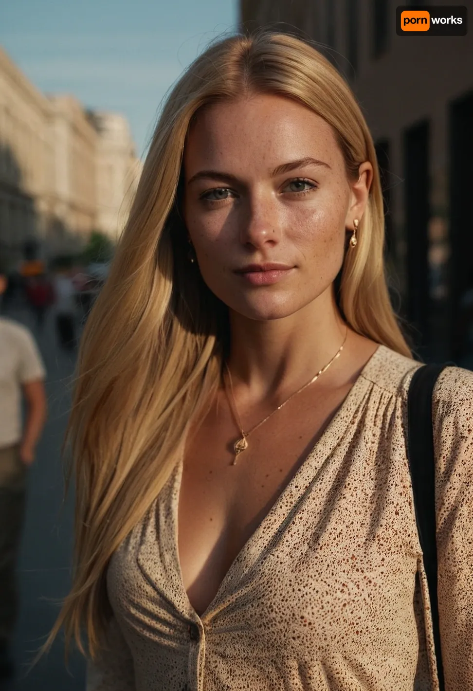 candid photo, beautiful 30 year old woman, no makeup, jewelry, elegant, pretty eyes, long straight blonde hair, Full body view, fashion, casual, tan skin, (looking at me), walking in a city, looking at me, freckles, smirk, elegant clothing