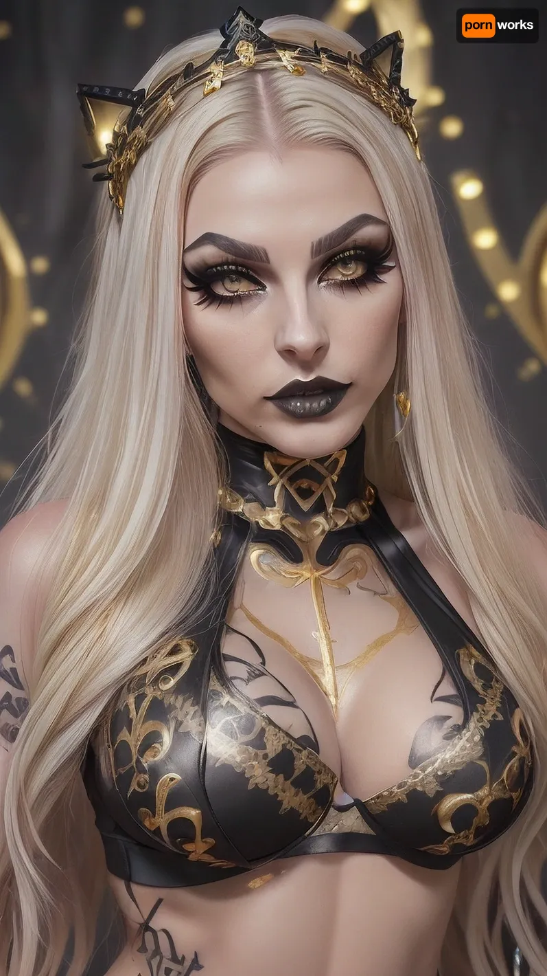 hot ukrainian fitness model woman, (18 yo:1.3), beautiful face, tall cheekbones, sharp cheekbones, very big lips, large breast, hourglass body, bimbo makeup, very black lips, pale skin, sharp eyes, v shape face, lots of tattoos, (((black and gold sports bra, gold spiral tattoos, gothic makeup, mascara, long eyelashes, long ashen blonde hair, dominant pose, dominatrix, very large silicone lips, bimbo lips, tiara in her head, detailed face, perfect eyes, ruins background)))