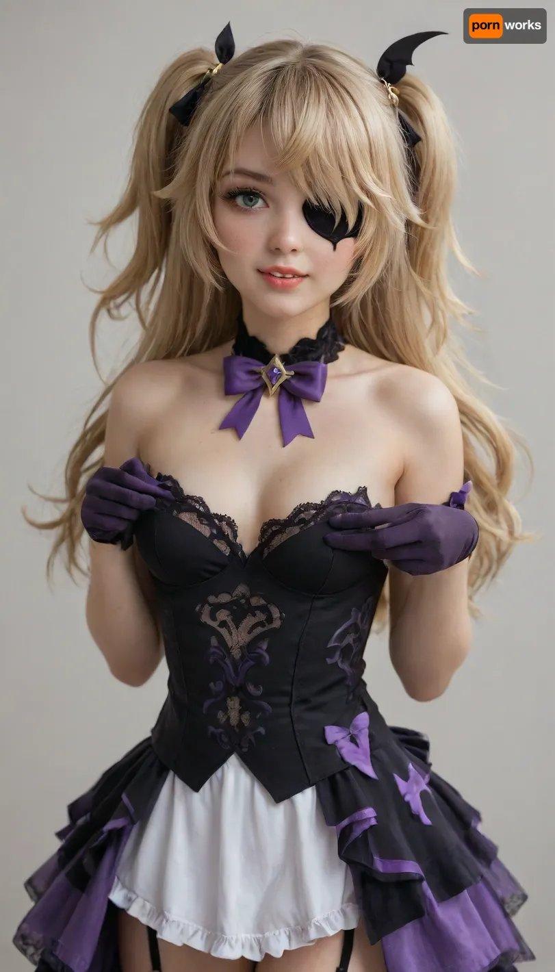 ï¼1girl, fischl_\, (genshin_impact\), solo, eyepatch, green_eyes, two_side_up, blonde_hair, breasts, gloves, fang, long_hair, looking_at_viewer, bow, smile, open_mouth, skin_fang, garter_straps, bare_shoulders, purple_bow, white_background, bangs, small_breasts, bowtie, hair_over_one_eye, feathers, hair_ribbon, ribbon, dress, simple_background, medium_breasts, blush, <lora:菲谢尔:.5>