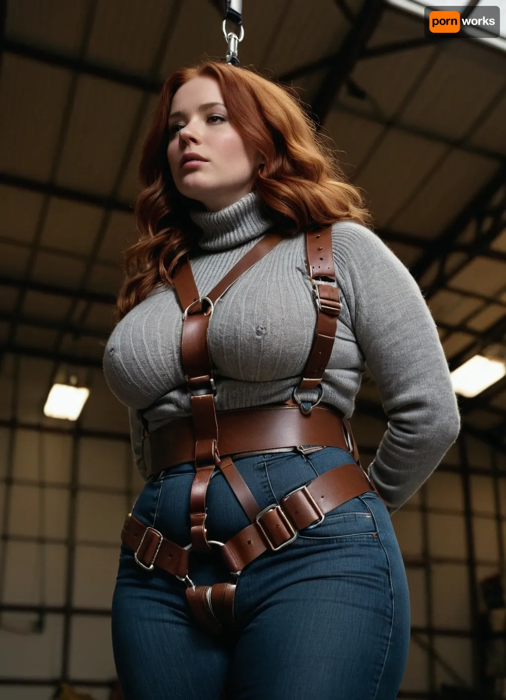 (Heavy parachute harness with very many thick dark brown straps), close up body view from the side, slightly chubby redhead with huge tits and a fat ass, wearing a fluffy thick grey irish wool turtleneck sweater and tight long stonewashed jeans, (wearing a safety parachute harness with many dark brown puffy nylon straps), hanging in her harness from the ceiling of an immense airplanehangar, suspended in the parachute harness high above the floor, gloved hands bondage strapped, no nipples, no parachute, best quality, timberland shoes, perfect lighting, ultra high detail, <lora:bdsm_SDXL_1_:1>