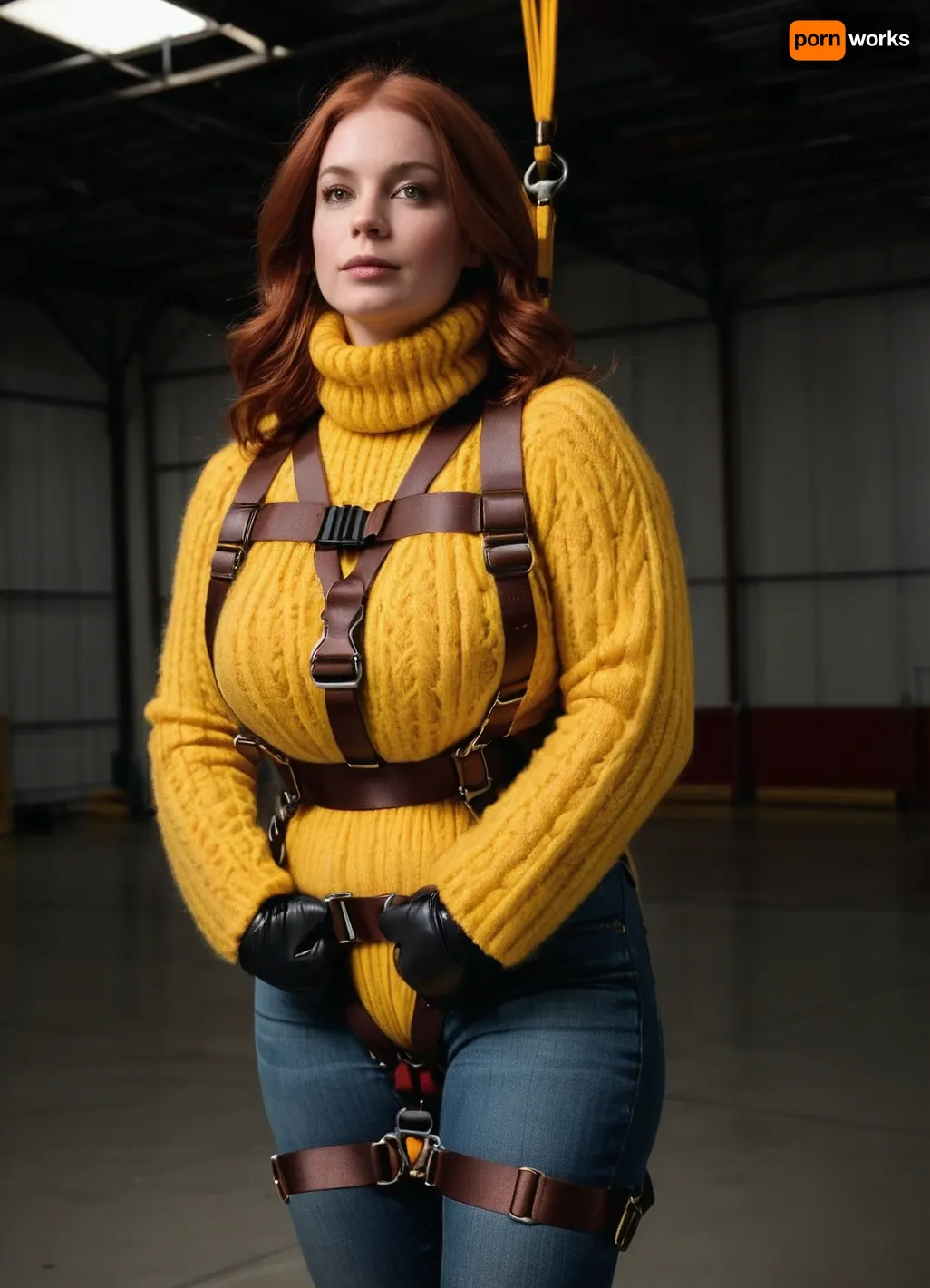 (Heavy parachute harness with very many thick dark brown straps:1.4), close up body view from the side, slightly chubby redhead with perky tits and a fat ass, hands behind her back, (wearing a fluffy thick yellow irish wool turtleneck sweater and tight long stonewashed jeans:1.2), (wearing a safety parachute harness with many dark brown puffy nylon straps:1.4), hanging in her harness from the ceiling of an immense airplanehangar, suspended in the parachute harness high above the floor, hands in bondage gloves strapped behind her back, bondage cuffed, no nipples, no canopy, best quality, timberland shoes, perfect lighting, ultra high detail, <lora:bdsm_SDXL_1_:1>