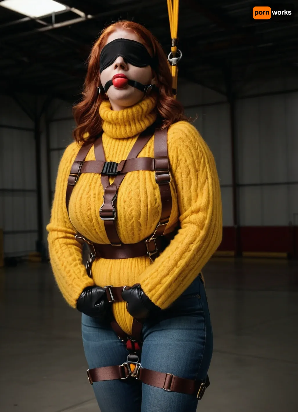 Slightly chubby redhead, matte black ballgag, blindfold, headphones, no lipstick, no makeup, high detail, natural skin, <lora:gagged-4e:1>