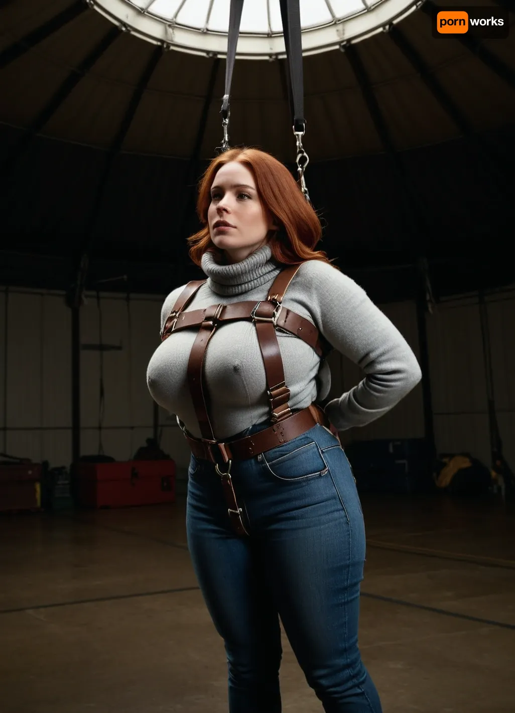 (Heavy parachute harness with very many thick dark brown straps), close up body view from the side, slightly chubby redhead with huge tits and a fat ass, wearing a fluffy thick grey irish wool turtleneck sweater and tight long stonewashed jeans, (wearing a safety parachute harness with many dark brown puffy nylon straps), hanging in her harness from the ceiling of an immense airplanehangar, suspended in the parachute harness high above the floor, gloved hands bondage strapped, no nipples, no parachute, best quality, timberland shoes, perfect lighting, ultra high detail, <lora:bdsm_SDXL_1_:1>
