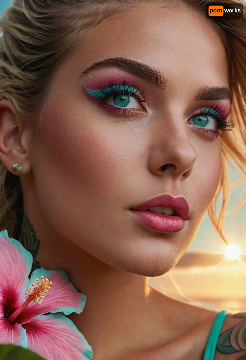 Hyperrealism, extreme close-up Portrait of a beautiful, stunning unique female character. She has large turquoise eyes filled with joy and excitement, extravagant eyelashes, making this image a masterpiece of photography and digital art. Style, realistic hyper-detailed rendering, 32k UHD, expressive eyes, punk, graphic design, pink hibiscus tattoo, girl's face, side view, pretty and cute, gleaming lips, white skin, telling a tale of adventure. Exuding confidence and serenity. Vibrant tattoos adorn her sun-kissed skin