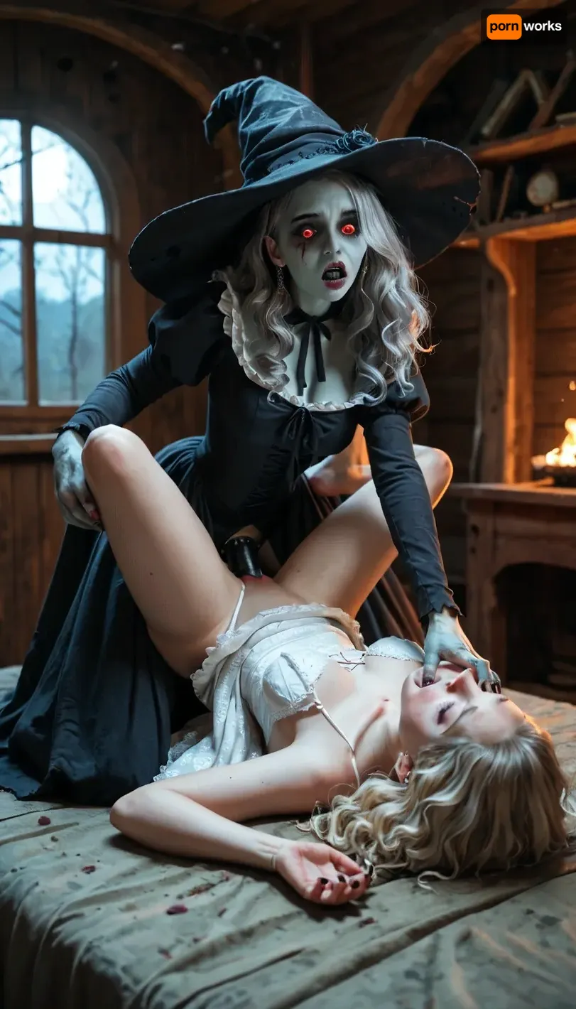 extremely old witch hag, extremely fat, zombie, grey hair, ugly witch, evil witch, monster witch, nightmare witch, witch robe and hat, claws, (strap-on fucking kissing 20 y/o girl, cute BLONDE girl, white victorian era dress), missionary position, kissing the girl, in a dark demonic scary cabin, out in the woods, at night, intricate detail, cinematic masterpiece