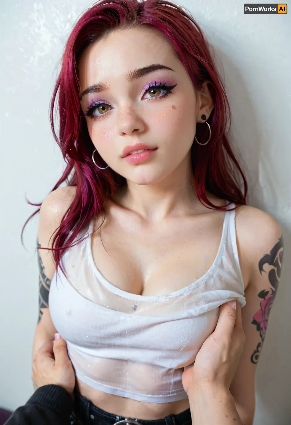 1girl, leaning on wall, sexy face, messy bun hairstyle, sexy, cute face, lip bite, bangs, medium hair, long hair, brown eyes, shy, submissive, scared, a few freckles, nose blush, small round firm boobs, cleavage, chest up, strappless white top, breast grab, male viewer has one hand squeezing breast hard, pov male viewer has one hand down girls's pants, boob focus, pov, close up, eyeliner, thick, graphic, eyelashes, <lora:406734_training_data:1.4>, sggirl, emo, tattoo, pale, cold, lighting, blue, hair, red, purple, <lora:SG_emo_girl_SDXL:.8>, TattooVariations, <lora:TattooVariations:.8>, flat, chested, <lora:flat_chested_v3.5:.8>