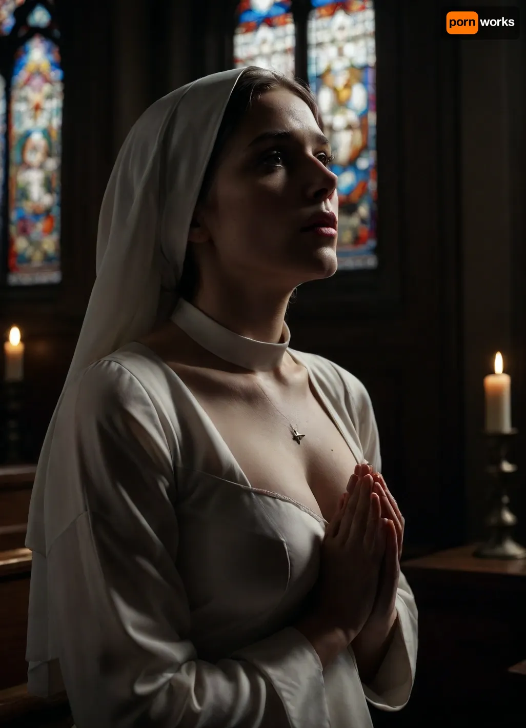 open blouse, (kneeling at pew), (looking up with wonder), mature slender nun, large plump perky breasts exposed, praying with hands between breasts, dark cathedral, stained glass windows with bright light beams coming through, off centered side view, breasts, cutout, clothing, nipples, candlelight vigil, <lora:2BoutOvalSDXL2-000002:.3>, <lora:dark:.4>