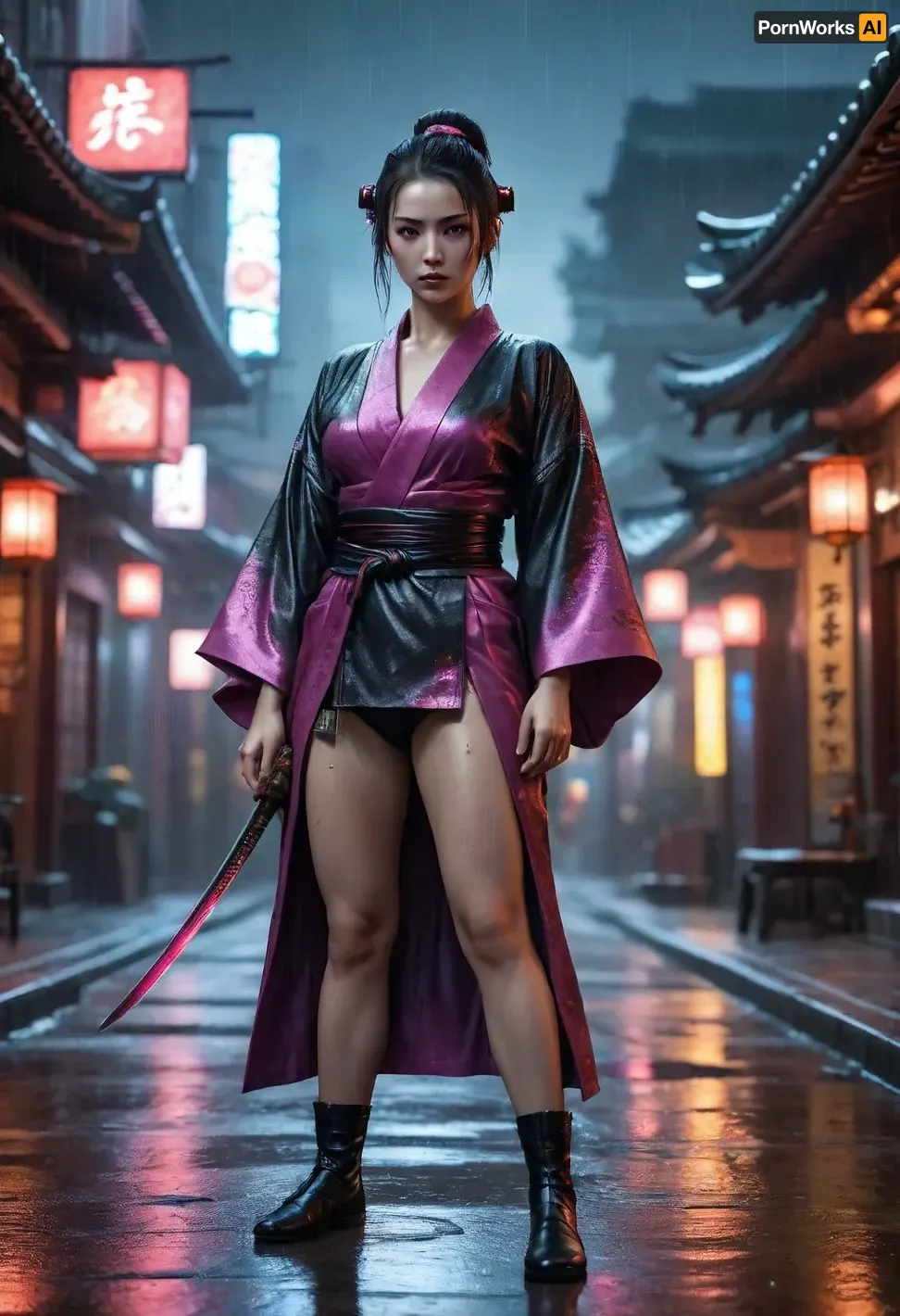 Image of a woman created with a high level of detail and a glossy, hyper-realistic quality typical of fantasy art. A gorgeous cyberpunk model, she is dressed in a modernized geisha kimono outfit, her outfit accentuates her figure and is quite revealing, reflects light and glitters. realistic. rainy day, wet, dripping water. she is standing against the backdrop of a Japanese temple. epic masterpiece, cinematic experience, Cyberpunk 2077 8k, fantasy digital art, HDR, UHD. This contrast between the fantastic character and the more traditional color scheme and elements gives the picture an intriguing narrative character. The woman is performing a kung-fu squat and looks at the camera, stretching one leg towards the camera, her legs are toned, her cleavage is exposed, she is weilding a samurai sword. The scene includes neon lighting typical of a cyberpunk future megacity.