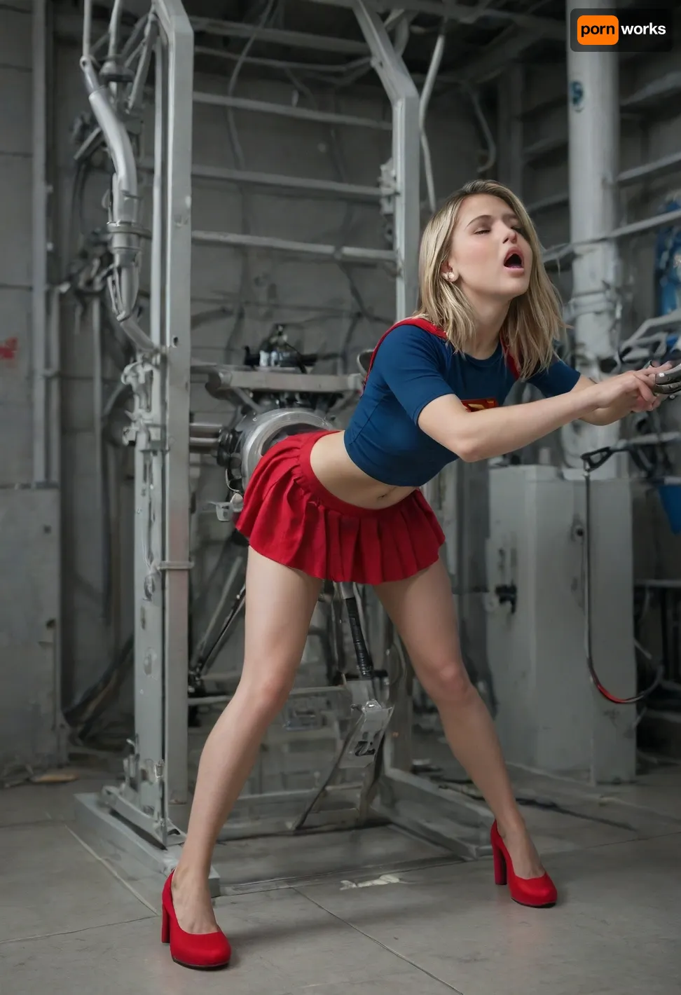 stockings, 20 years old girl, blonde, closed eyes, looking up, perfect face, tall and cute, white skin, very big tits, naked, slim, full body view, bondage, mechanism, fixed, built into mechanism, built in arms and legs, large device, girl inside device, arms and legs fixed inside, stationary restraints, mechanical restraints, small breasts, fucking machine, daylight, wide hips, cheerful face, open mouth, machine, bent over, detailed background, sexmachine, 1girl, spread, legs, cum, in, pussy, stationary, restraints, ((dark blue shirt with supergirl symbol and red skirt))