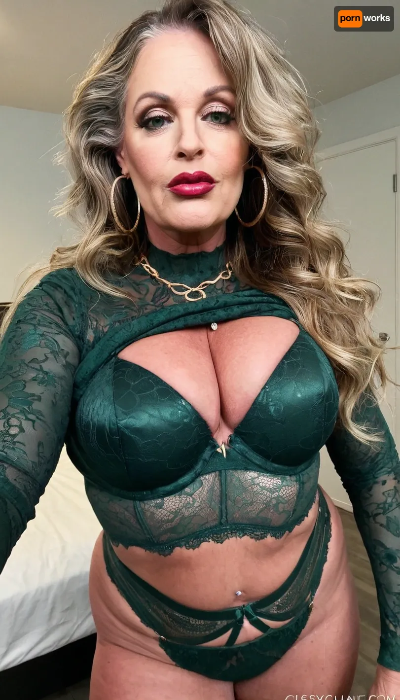 sexy mature, sexy 50 years old, dark blonde, long wave hair messy hair, chubby, small tits, sexy naught face, selfie, glamour, make up, lipstick, huge hoop earrings, necklace, sexy long sleeve dark green lingerie, thick lips