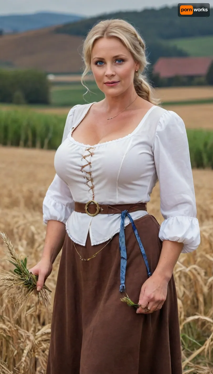 (((a peasant woman in a medieval brown dress, corsage, white blouse, neckline, blonde, blue eyes, a cuhubby mature woman of 50 years old, with huge breasts, wide hips, gergeous ass and a shaggy pussy, works in the field))), ((oktoberfest dress)), (((masterpiece, the best quality))), (wheat field, ears, sickle, sheaves), k3nk3lly, <lora:k3nk3lly:.5>, <lora:220437_training_data:.5>