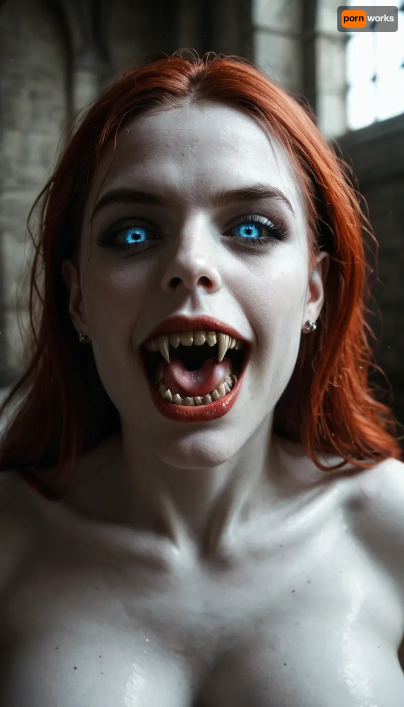 Photographic. Dynamic. View of three, (3), beautiful women with a demon face Vampire Fangs Teeth, their eyes are black and reflective, crawling towards camera on their knees
All have pale skin and black lips, with snarling evil faces. Their breasts are exposed.

The woman on the left is skinny with small exposed breasts and long white hair. The centre woman is slender, with large saggy breasts, black hair with her mouth open showing her impressive long fangs, (she hisses at the viewer), The woman on the right is voluptuous and has red hair, Their legs blend in to the shadows.

They are surrounded by shadows in medieval castle, highly detailed, high budget, bokeh, cinemascope, moody, epic, gorgeous, film grain, grainy, (()), Subspecies, style, black, sclera, eyes, <lora:Subspecies style:.6>, <lora:black sclera:1.6>