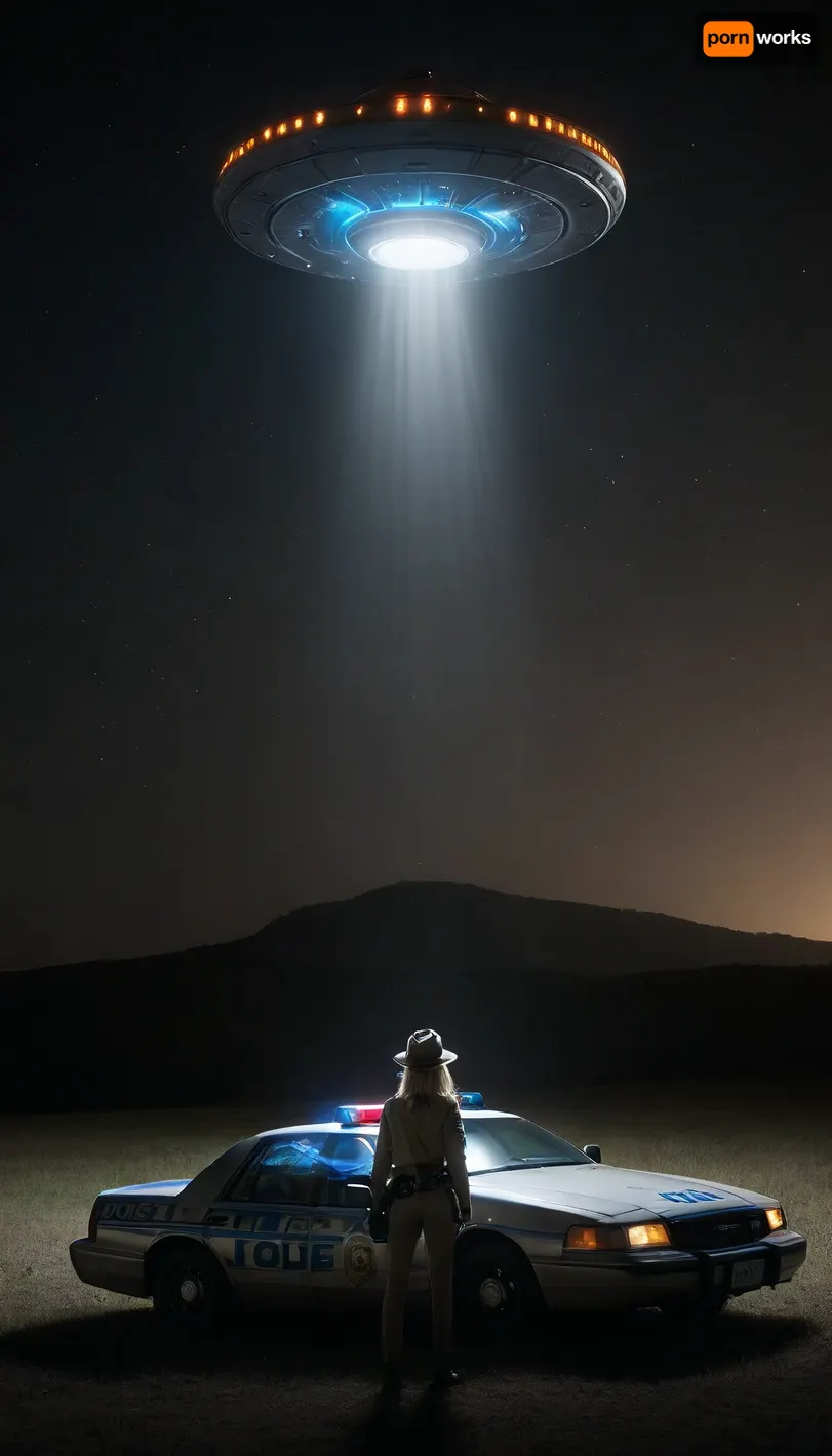 a thin, solitary sheriff wearing an open beige sheriff's uniform jacket and a cowboy hat, (beige uniform:1), stands next to her, (highly detailed police car with ultra-bright hazard lights:1.8), (bright police lights magically illuminate the night), (blonde sheriff looks at a spaceship hovering over a cow pasture:1.8), (looks at round spaceship:1.2), surreal situation, (conical, vertical, bright tracking beam, centered under the spaceship, shines down onto the pasture:1.9), (beam lifts a cow high in the sky:1.7), (cow hovers in beam:1.7), novuschroma38, style, DonMN1gh7XL, John, Berkey, Style, page, mad-2cbrrm, mad-1cbrrm, <lora:CBS_novuschroma38 style:.8>, <lora:DonMN1gh7rXL-000006:1.5>, <lora:dark:.8>, <lora:John Berkey Style:1.7>, <lora:Neon_Cyberpunk_Cyberarm_SDXL:1.9>