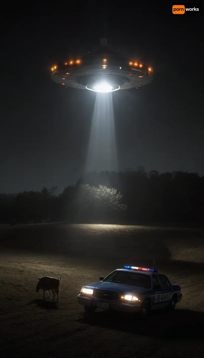 a thin, solitary sheriff wearing an open beige sheriff's uniform jacket and a cowboy hat, (beige uniform:1), stands next to her, (highly detailed police car with ultra-bright hazard lights:1.8), (bright police lights magically illuminate the night), (blonde sheriff looks at a spaceship hovering over a cow pasture:1.8), (looks at round spaceship:1.2), surreal situation, (conical, vertical, bright tracking beam, centered under the spaceship, shines down onto the pasture:1.9), (beam lifts a cow high in the sky:1.7), novuschroma38, style, DonMN1gh7XL, John, Berkey, Style, page, FRESHIDEAS, Real, Photography, 2#, <lora:CBS_novuschroma38 style:.8>, <lora:DonMN1gh7rXL-000006:1.5>, <lora:dark:.8>, <lora:John Berkey Style:1.7>, <lora:FRESHIDEAS Real Photography 2#:.3>