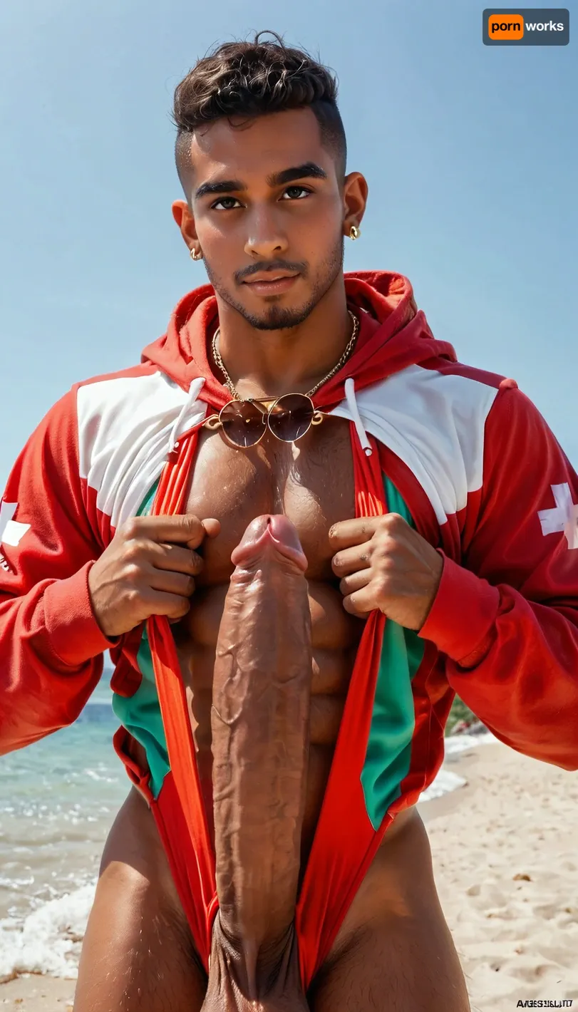 19-year old male lifeguard wearing a hoodie and male sling swimsuit at the beach, latino thug, hair style is a buzzcut, straight hair, photo, portrait, penis, Big, cock, <lora:real-humans-PublicPrompts:.8>, <lora:xpenis-1.5e:1.7>, <lora:pein:1.5>