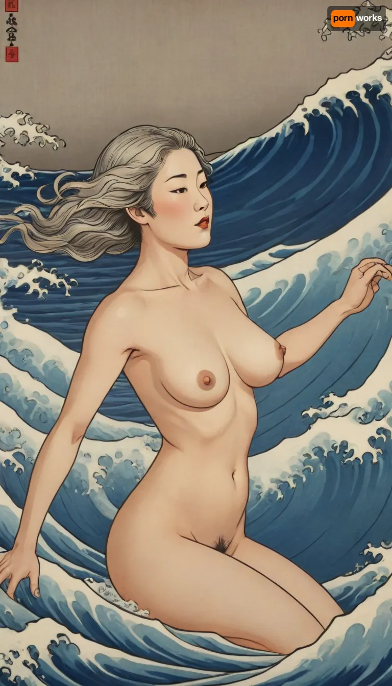 Ukiyo-e Art, nude scandinavian mature woman surfing woodblock print style of hokusai fine art style of kanagawa painting /relax, <lora:Ukiyo-e Art:1>