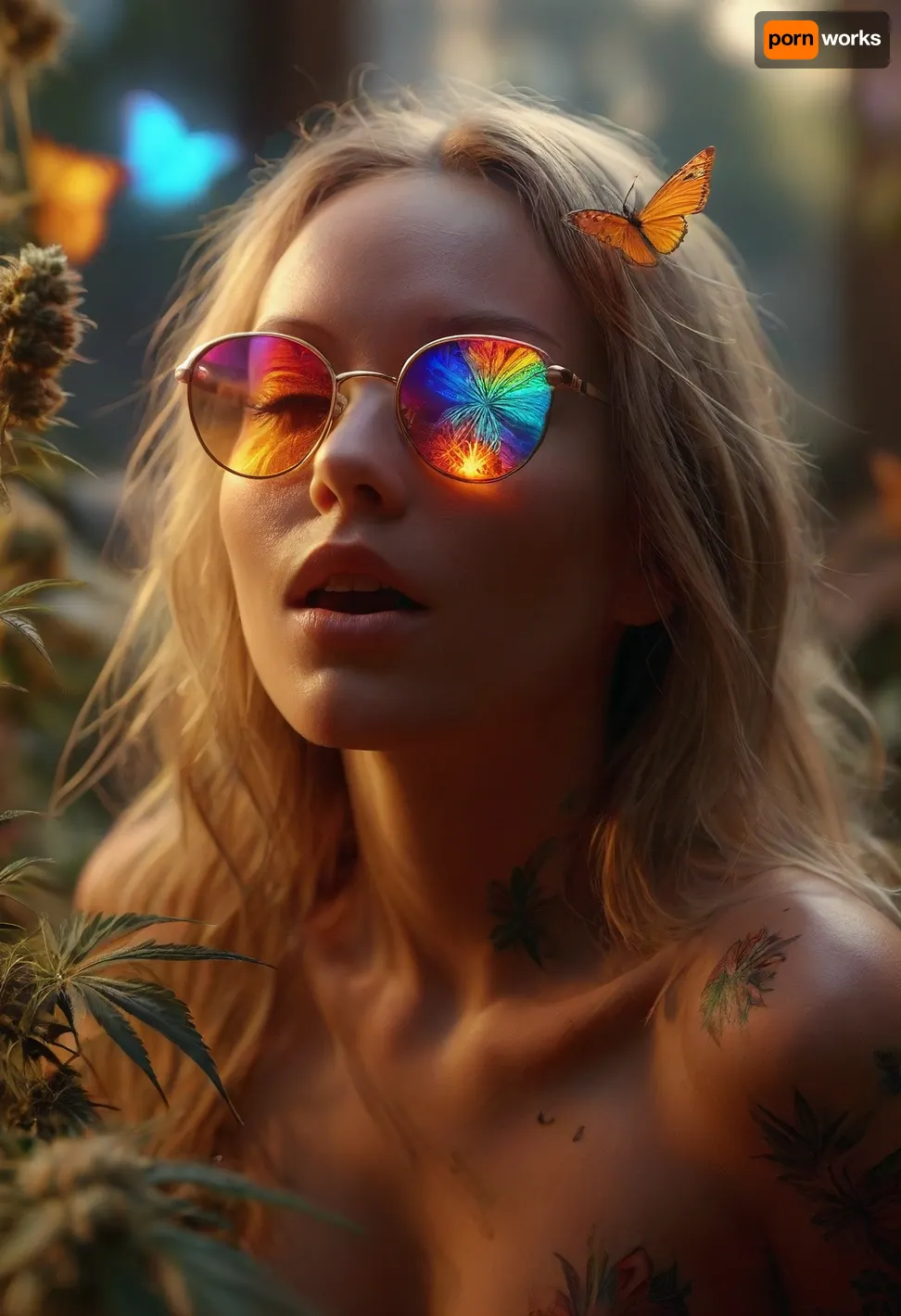 (warm ambient light:1.5), A slim, flat-chested, sexy, colorful dressed hippie sits in the monastery, jerking phallus cannabis bud, (huge phallus look alike detailed cannabis bud:1.6), In the garden, there are numerous cannabis plants in full bloom, (perfect cannabis buds:1.5), perfect face, (orgasm face:1.7), (moaning:1.6), (perfect detailed blonde dreadlocks:1), (surrounded by a large swarm of colorful cannabis_butterflies:1.5), tattooed, wears silver metal sunglasses with extremely small circular yellow lenses, looking at the viewer, (detailed reflection in the lenses of flowering cannabis plants:1), silent smile, perfect hands, it's a late summer afternoon, the sun is low and backlights the scene, rays of sunlight beautifully break through the smoke. Happy, content, satisfied, smiling, the focus is on the hippie, dirty, slutty, naughty thoughts, seductive, lustful, needy, aroused, (lascivious posing:1.6), shows her sexy highly detailed nipples, various perspectives, naughty posing, all over tattooed, dreadlocks, small butt, the background is blurred, the entire image is designed using technical parameters to create a warm, romantic atmosphere. Ganja, flowers, cannabis, marijuana, leaves, plants, resin, glands, nugs, edgFae, flower, fairy, style, wearing, sunlight_str1, vibrant, dream, pale, reality, elven, architecture, cloudy, smoke, atmospheric, clouds, fog, intricate detail, highly detailed, breathtaking, panoramic, cinematic, (3D, Framed, Woman), Cat, Skull, Flowers, Bird, Macabre, psychedelicai, orgasmface, DonMSp3ctr4lXL, <lora:MJ52:2>, <lora:psychedelicai-SDXL:2>, <lora:orgasmface_SDXL:1.9>, <lora:DonMSp3ctr4lXL-000008:1.8>