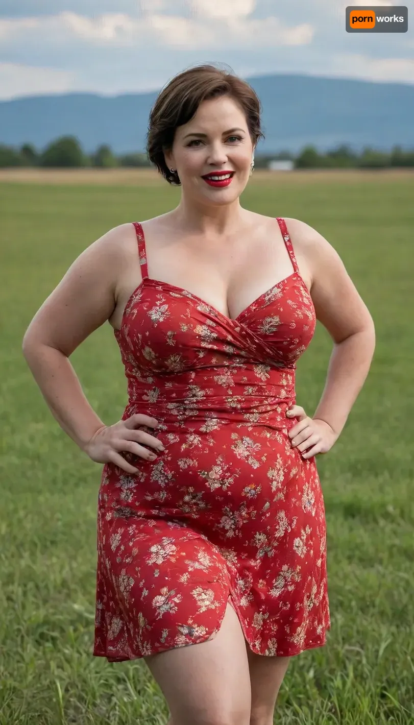 A 45-year-old plump woman stands in the middle of a grassy field. She is plump and mature, with short hair and makeup on her face. She is wearing a beautiful short summer dress with a large neckline and a slit in the skirt. She has a bright smile and bright red lips. As she prepares to relieve herself, the slit in her dress opens, revealing her large, saggy breasts and wide hips. Her panties slipped slightly to her knees.