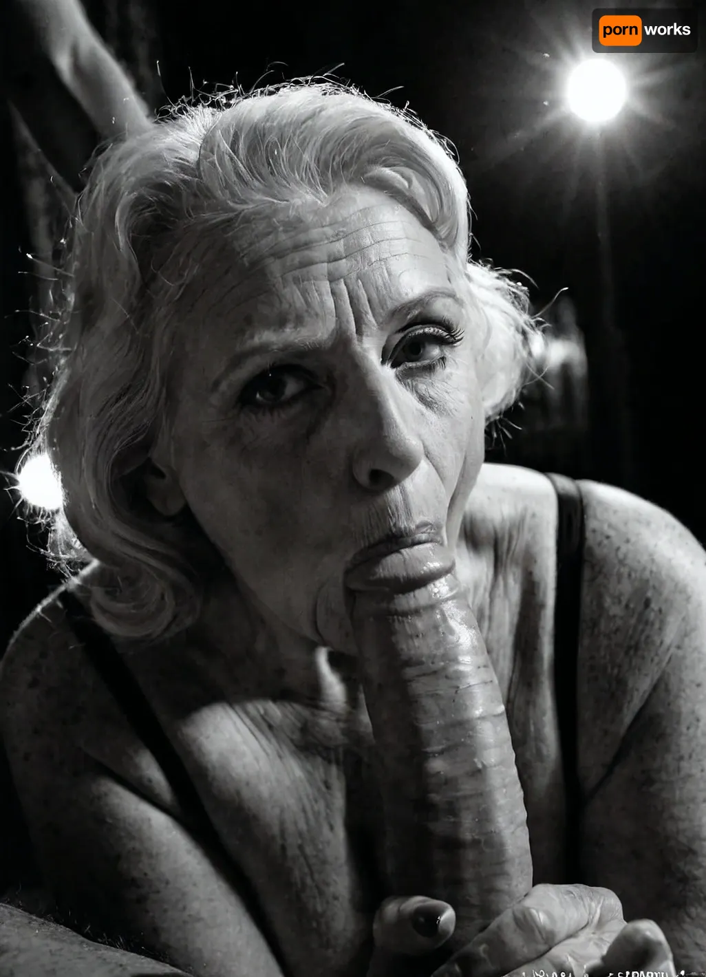 Very busty old grandmother, giant white penis, perfect face, deepthroat, real pornstar High detailed photo, high quality photo, retro cinema portait, black and white, lights