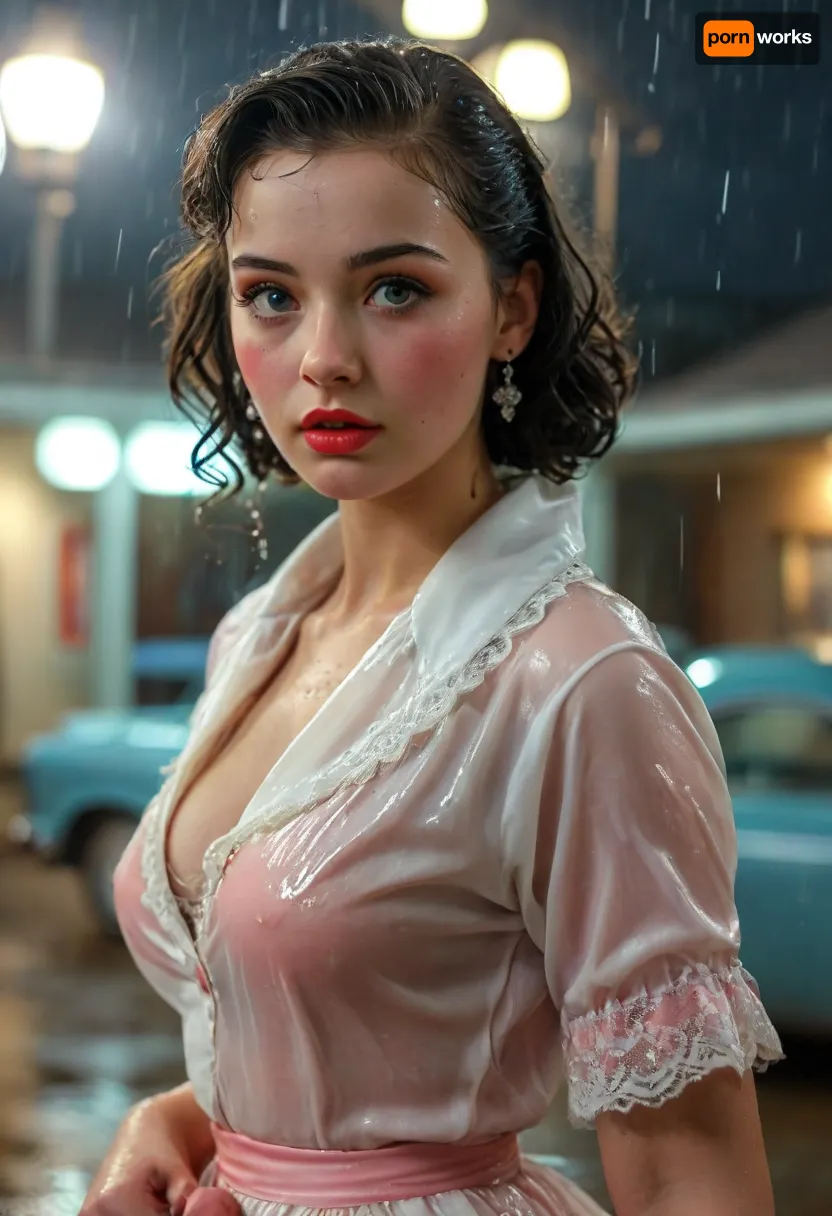 Strong 1950s retro vibe, look over the shoulder, in 1951 a breathtakingly beautiful very busty black-haired 18-year-old coed dressed for a sock hop stands outside a college gymnasium in the pouring rain, very large natural breasts, button-down shirt, neck scarf, (poodle skirt decorated with an embroidered poodle), white lace socks, saddle shoes, makeup, beautiful expressive eyes, romantic, nighttime, lots of rain in the air, retro 1950s hair and makeup and clothes and setting, masterpiece, key visual, incredibly detailed, score_9, soakingwetclothes, magazine cover, best quality, ultra-detailed, finely detail, highres, 8k wallpaper, intricate, highly detailed, insanely detailed, best lighting, perfect illumination, (best illumination), (best shadow, best shadows), full scene picture, full-length photo, ((ultra-detailed)), (intricate details:.6), professional photography, photo-realism, award winning photography, dslr, hyperrealistic, 35 mm, (Fujifilm XT3, analog style, professional DSLR photo, film grain:.8), 8k high definition, Great Composition, highly complex, (intricate detail:1.2), Ensure ultra-high-detail, photorealism, and crystal clear 32k resolution for a true masterpiece, hdri light, realistic lighting, ultra high resolution, clear focus, depth of field, 32k, 30 mm lens, 1/250 s, f/2.8, ISO 300, UHD 8K, high resolution face, perfect anatomic body, perfect waist, extremely beautiful face, <lora:soakingwetclothesXL:1.4>, <lora:MJ52:.8>, <lora:add-detail-xl:.8>